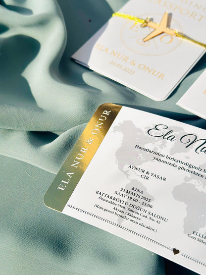 Passport Invitation with Gold Foil and White Passport Cover, Passport Invitation, Boarding Pass Invites, Passport Invite, Wedding Invitation