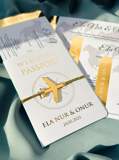 Passport Invitation with Gold Foil and White Passport Cover, Passport Invitation, Boarding Pass Invites, Passport Invite, Wedding Invitation