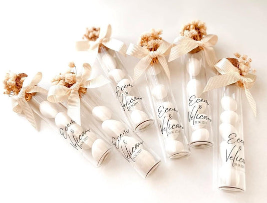 Custom Jordan Almond Candy Glass Jar Wedding Favor, Engagement Favor, Nikkah Favor, Wedding Candy Gift, Engagement Favor, Tube Dragee Gift