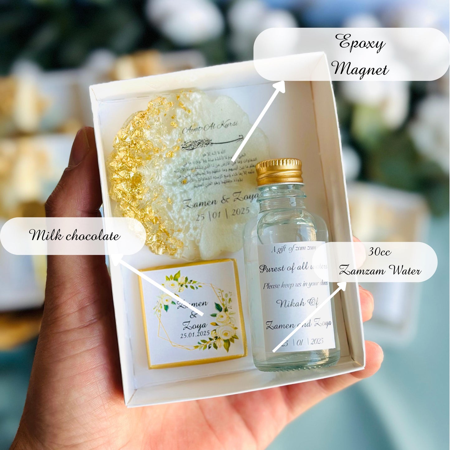Wedding Golden Epoxy Magnet & Chocolate Set, Engagement Favors, Islamic Wedding Favors, Nikkah Favors ,Ayatul Kursi Favors, ZamZam Favors