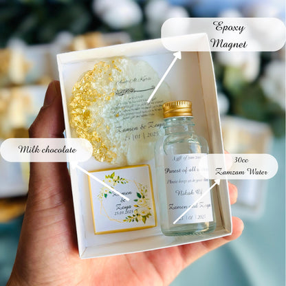 Wedding Golden Epoxy Magnet & Chocolate Set, Engagement Favors, Islamic Wedding Favors, Nikkah Favors ,Ayatul Kursi Favors, ZamZam Favors