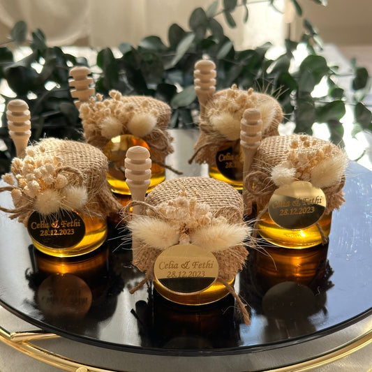 Honey Jar Wedding Favors - Wedding Favors for Guests - Bridal Shower Favors - Baby Shower Favor - Birthday Party Favor - Fabric Jar Topper