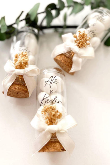 Custom Jordan Almond Candy Glass Jar Wedding Favor, Engagement Favor, Nikkah Favor, Wedding Candy Gift, Engagement Favor, Tube Dragee Gift